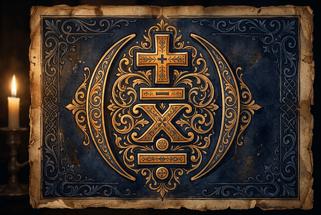 איור אמנותי בסגנון מגילת קלף מהמאה ה-16 המראה את סמלי פעולות החשבון בערימה שכבתית