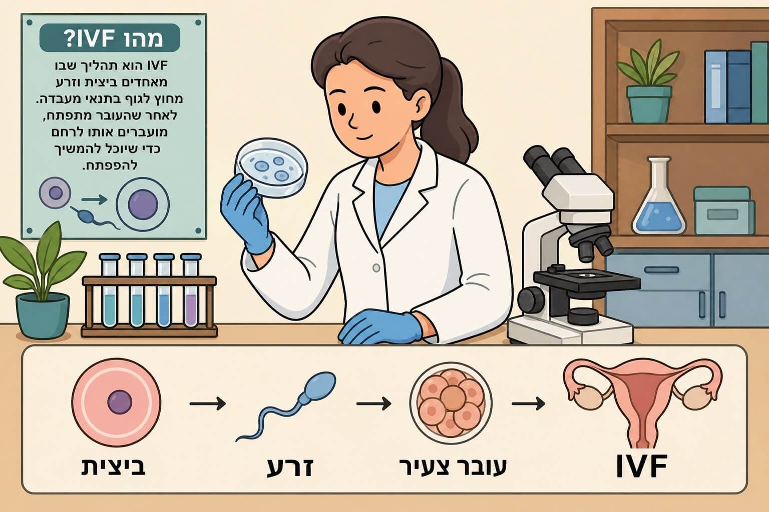 תמונה הממחישה את ההפריה החוץ-גופית כתהליך מעבדתי מסייע