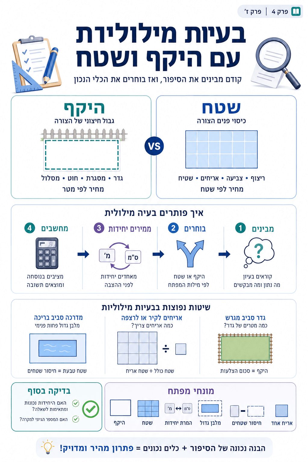 בעיות מילוליות עם היקף ושטח - סיכום מלא ומפורט