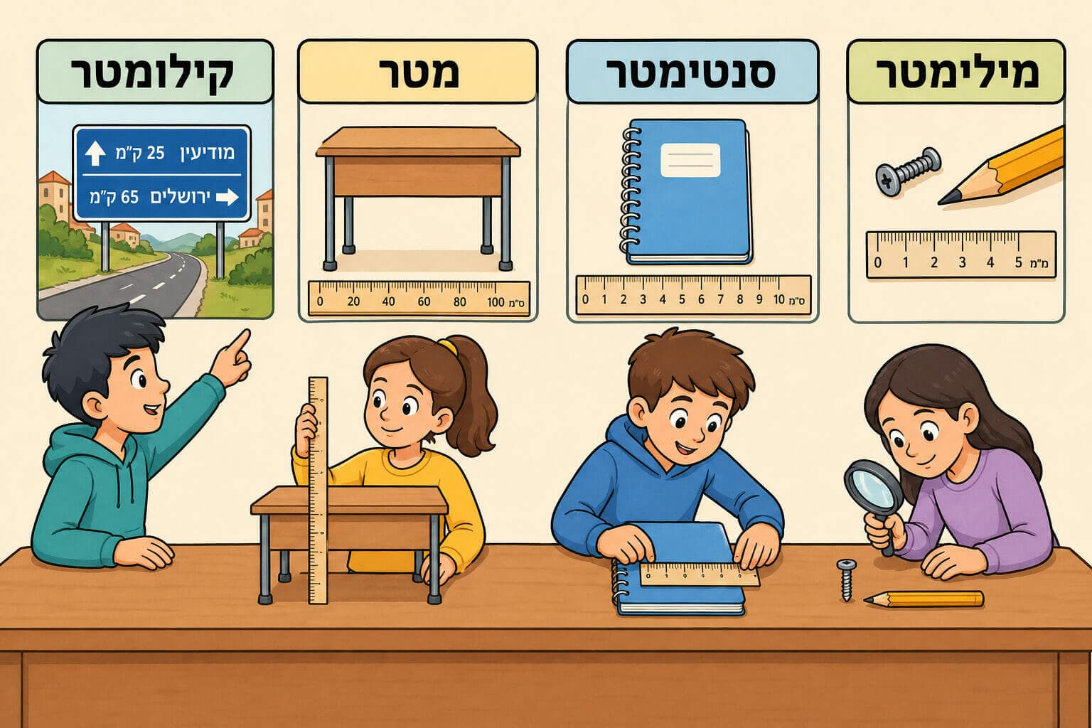תמונה הממחישה את בחירת יחידת האורך המתאימה לפי גודל העצם הנמדד