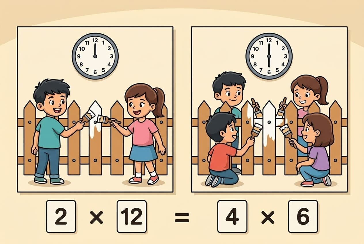 תמונה הממחישה יחס הפוך בעבודת צוות שבה יותר עובדים מקצרים את זמן העבודה