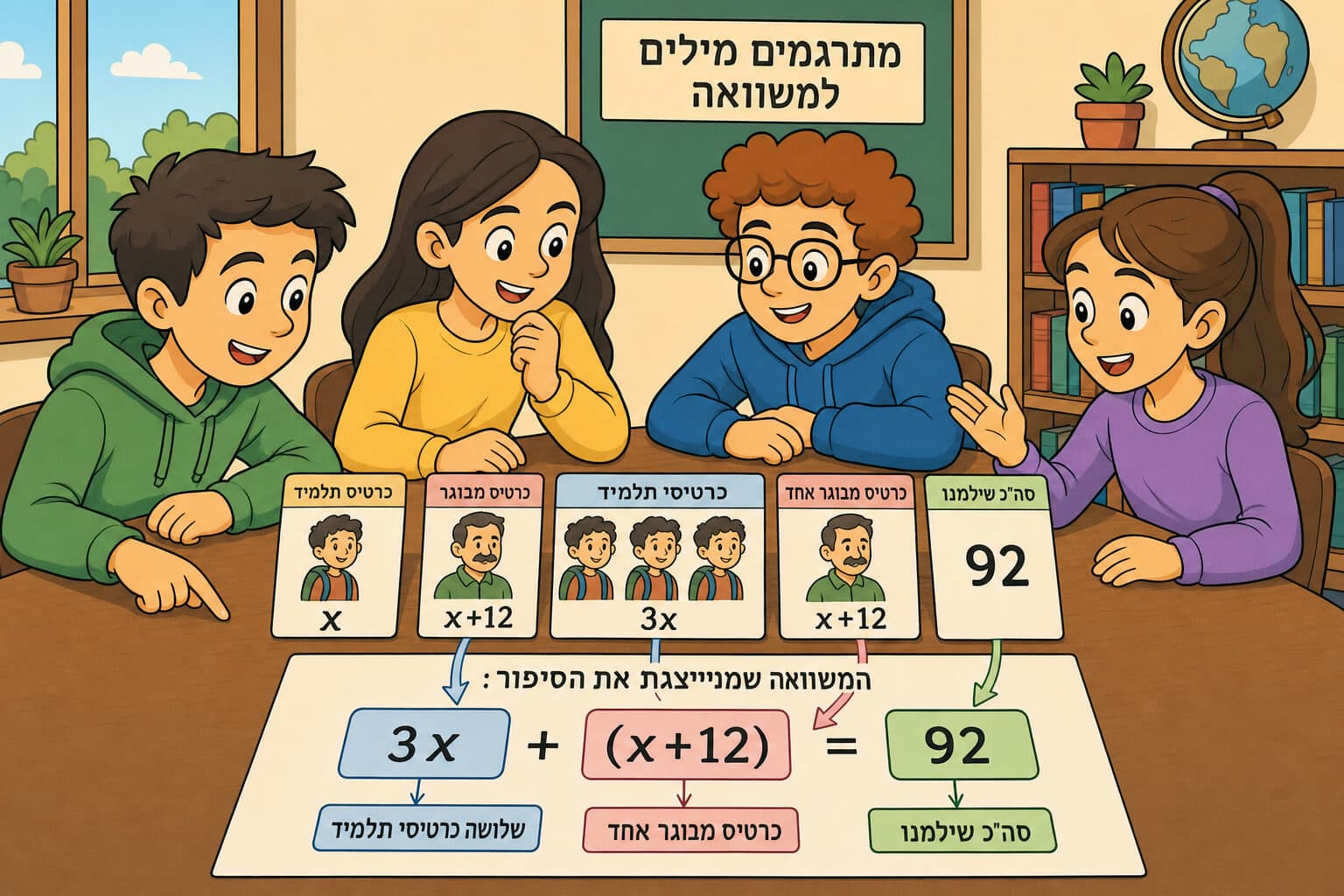 תמונה הממחישה תרגום שאלה מילולית למשוואה בעזרת כרטיסי נתונים