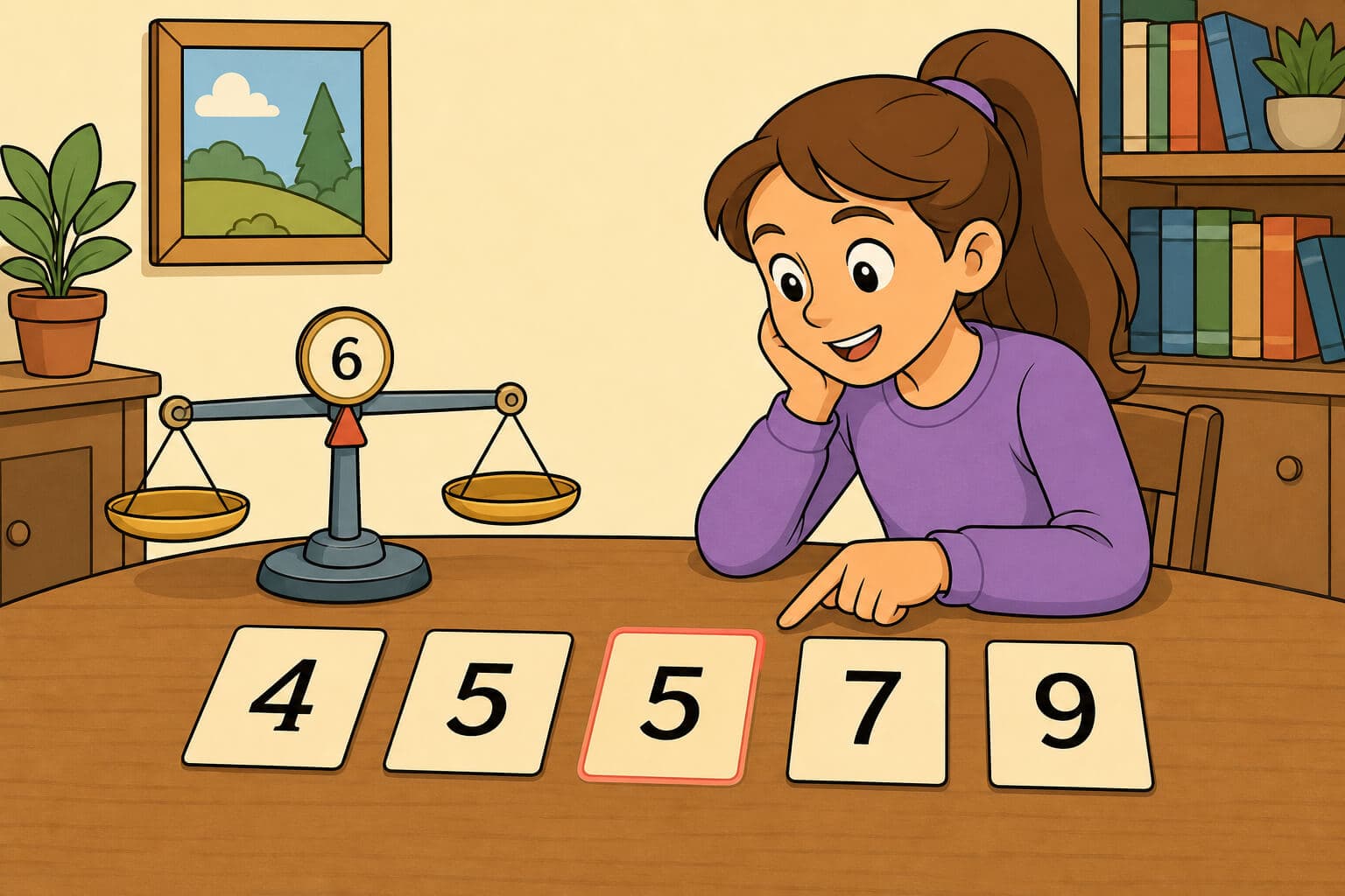 תמונה הממחישה שכיח חציון וממוצע בעזרת כרטיסי מספרים ומאזניים