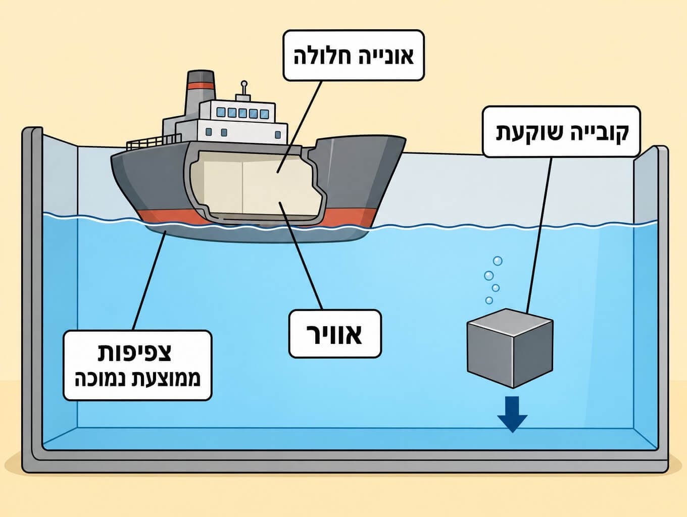 תמונה הממחישה כיצד אוניית פלדה חלולה צפה בזכות אוויר שמוריד את צפיפותה הממוצעת