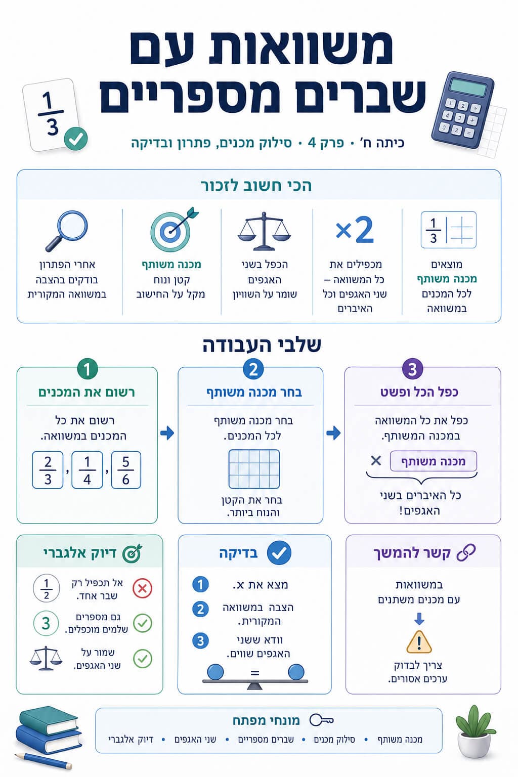 משוואות עם שברים מספריים - סיכום מלא ומפורט
