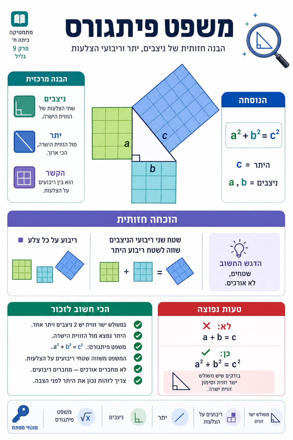 משפט פיתגורס והוכחה חזותית - סיכום מלא ומפורט