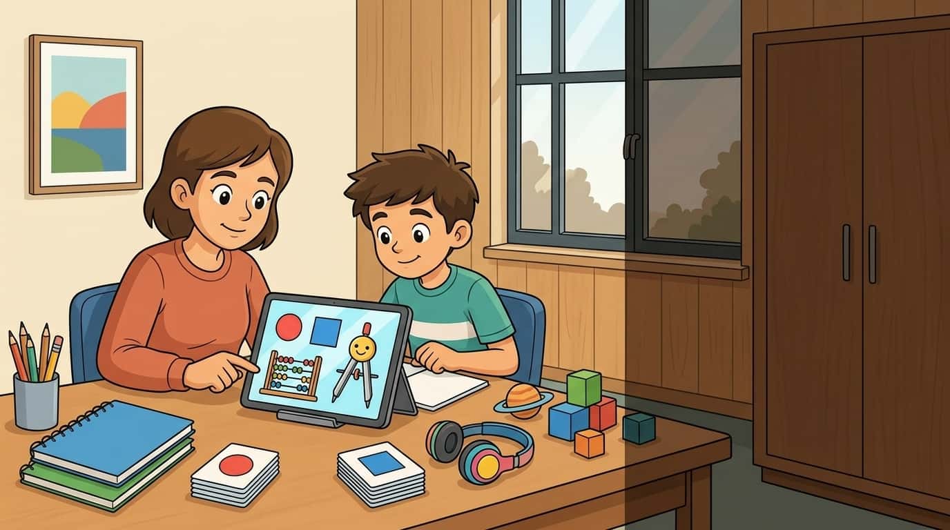 משפחה לומדת יחד מול מסך עם חומרי לימוד דיגיטליים