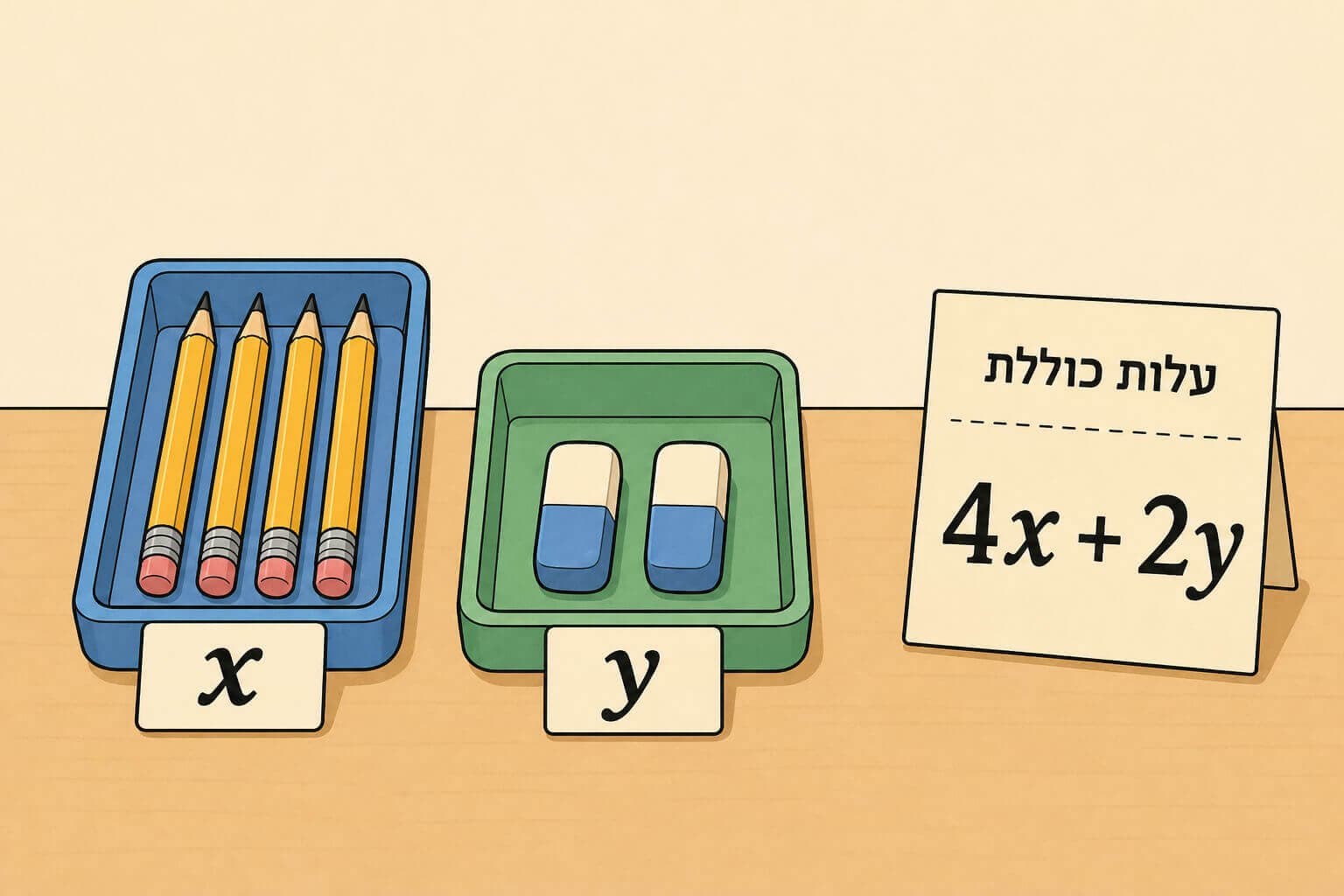 עפרונות ומחקים מסומנים כ-x ו-y בביטוי אלגברי 4x+2y לחישוב עלות כוללת, מתמטיקה לכיתה ז׳