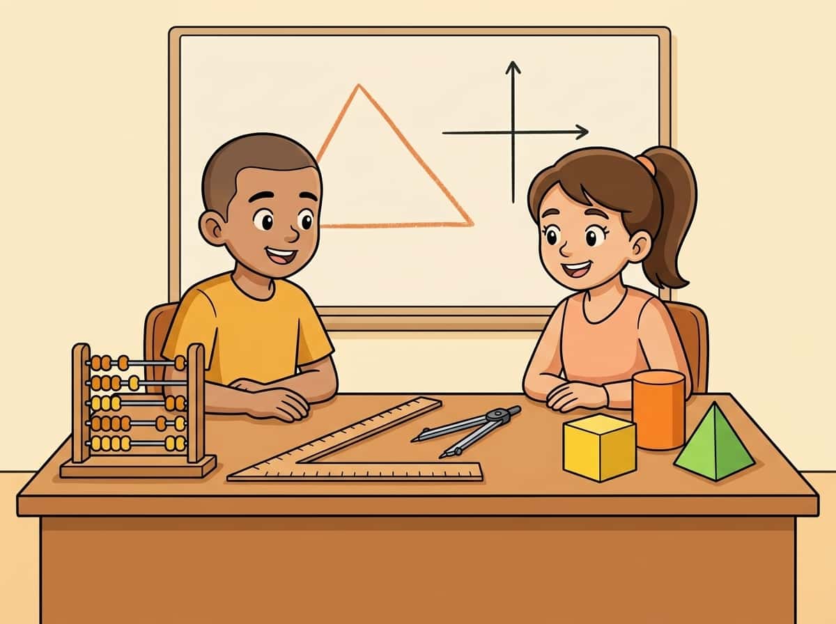 תלמידים בשיעור מתמטיקה עם צורות הנדסיות, סרגל ומחוגה וגרף