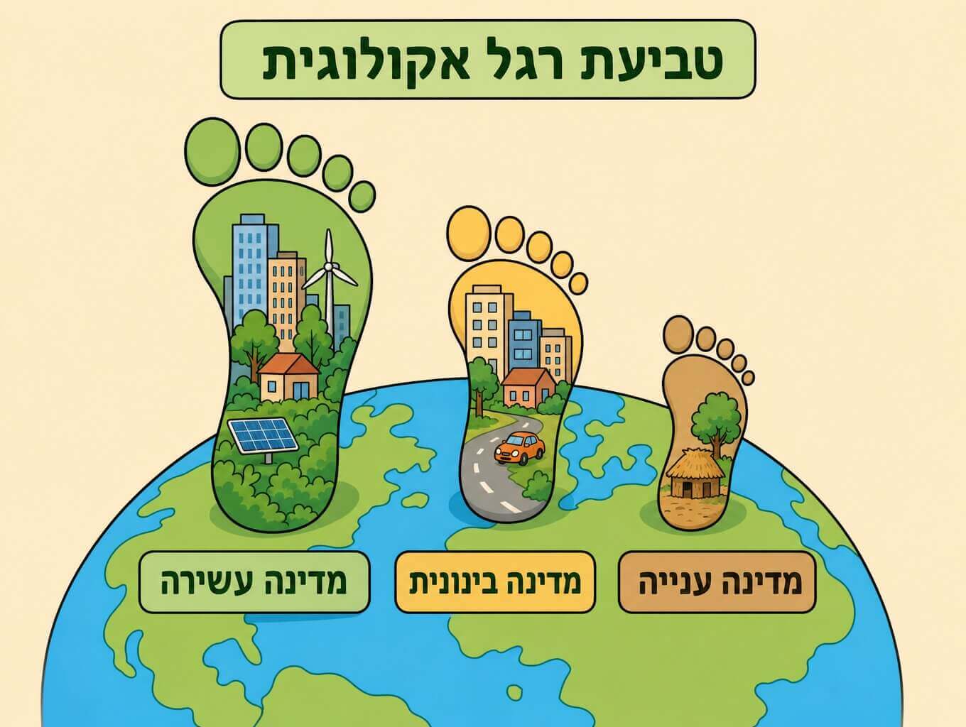 תמונה הממחישה השוואת טביעת רגל אקולוגית בין מדינה עשירה למדינה בינונית ומדינה ענייה דרך טביעות רגל בגדלים שונים