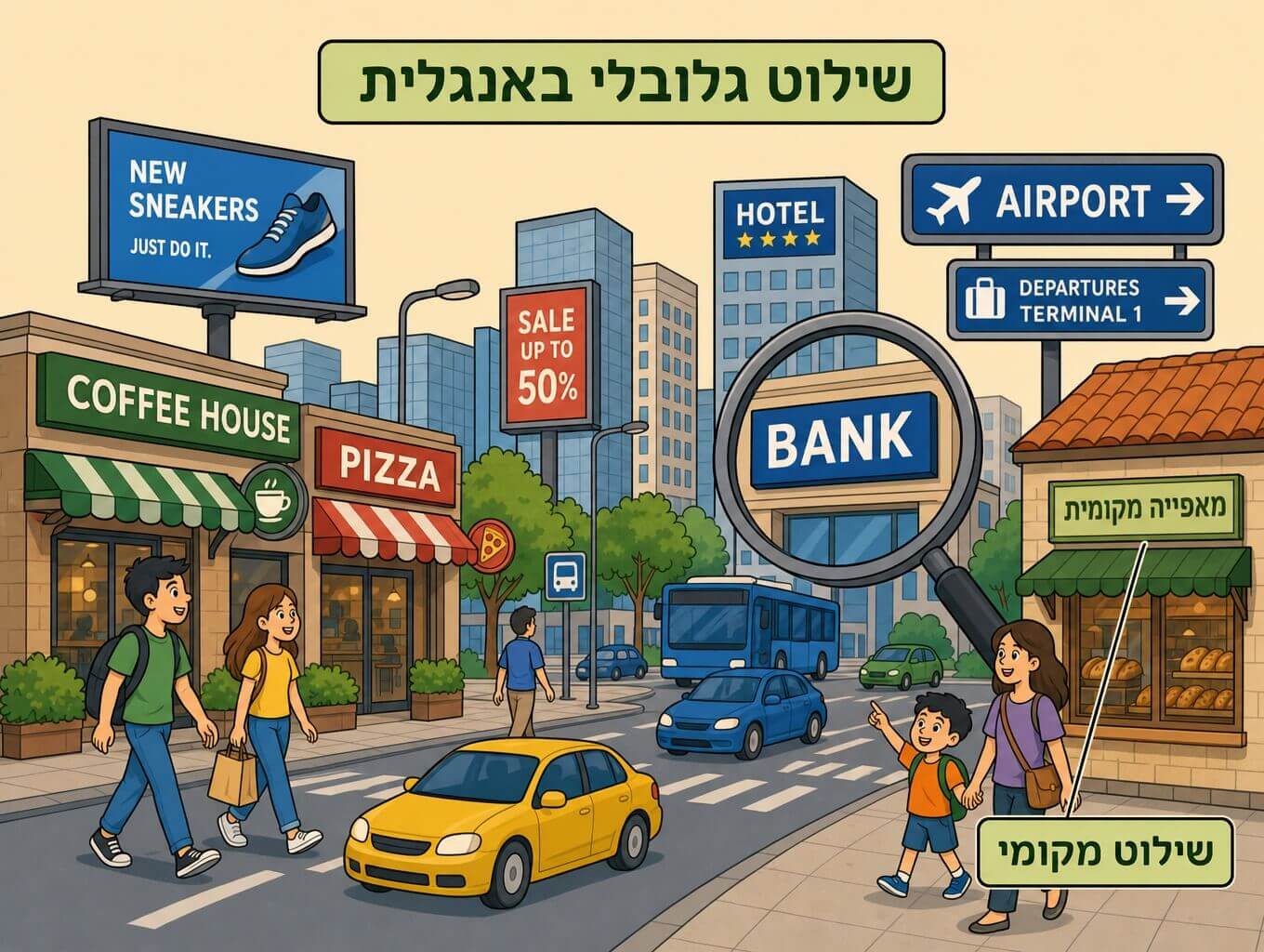 תמונה המציגה רחוב עירוני עם שלטי חוצות ושילוט באנגלית לצד שלט קטן בשפה המקומית