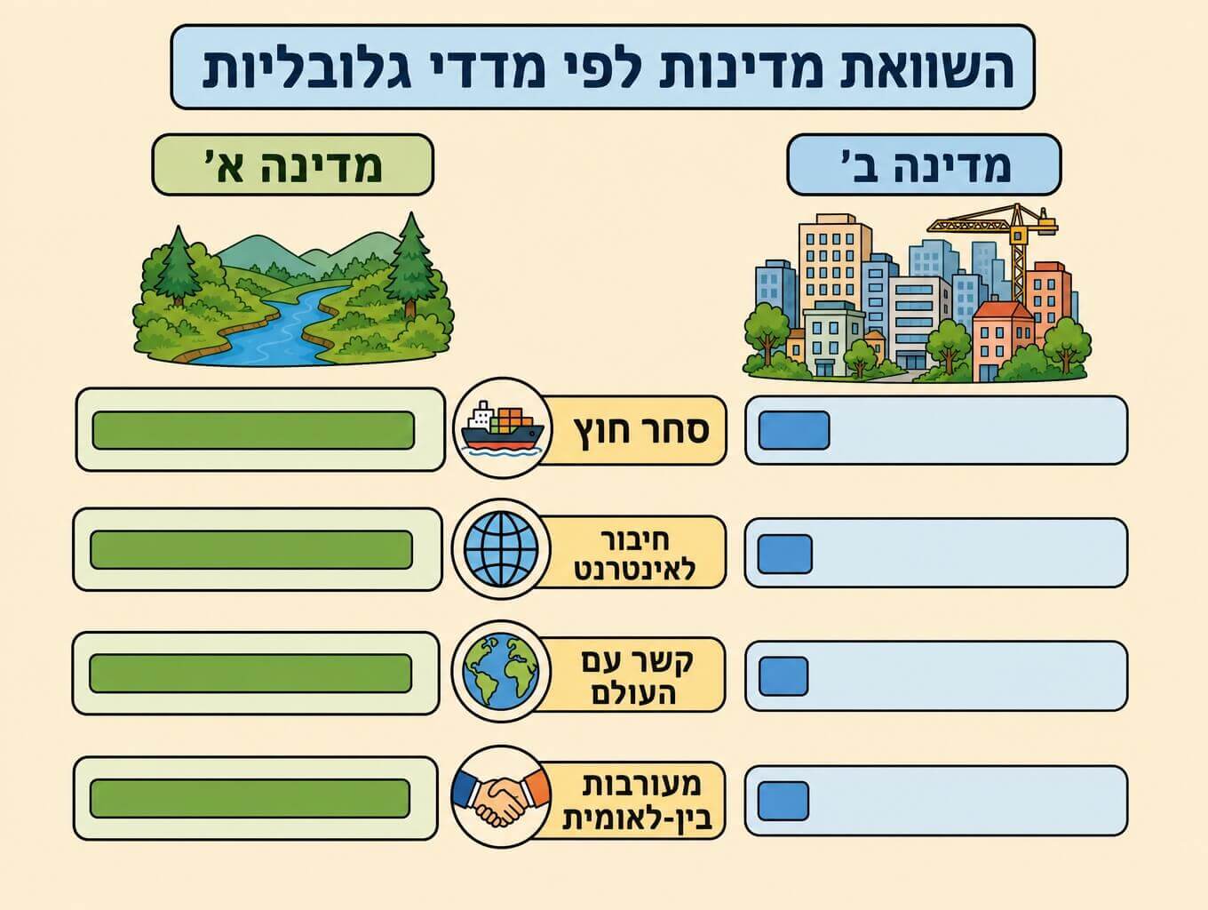 תמונה הממחישה לוח השוואה בין שתי מדינות לפי ארבעה מדדי גלובליות במחוונים אופקיים