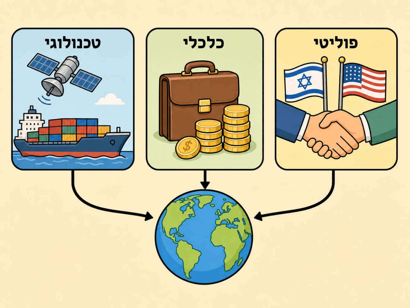 תמונה הממחישה את שלושת הגורמים שאפשרו את הגלובליזציה דרך שלושה תחומים טכנולוגי כלכלי ופוליטי המחוברים יחד