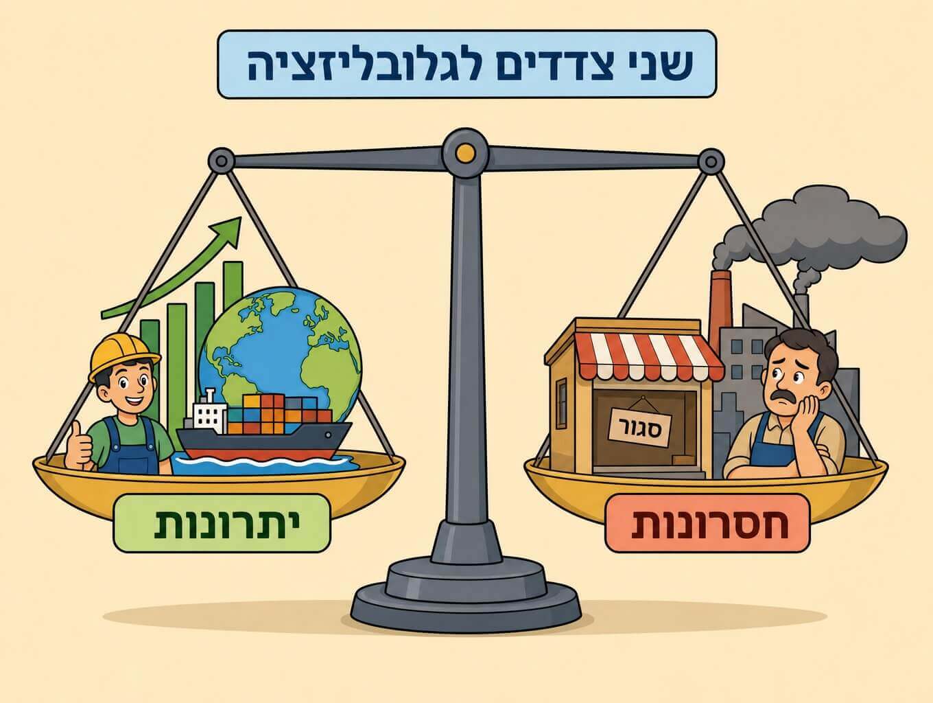 תמונה הממחישה מאזניים השוקלים את שני הצדדים של הגלובליזציה יתרונות מול חסרונות