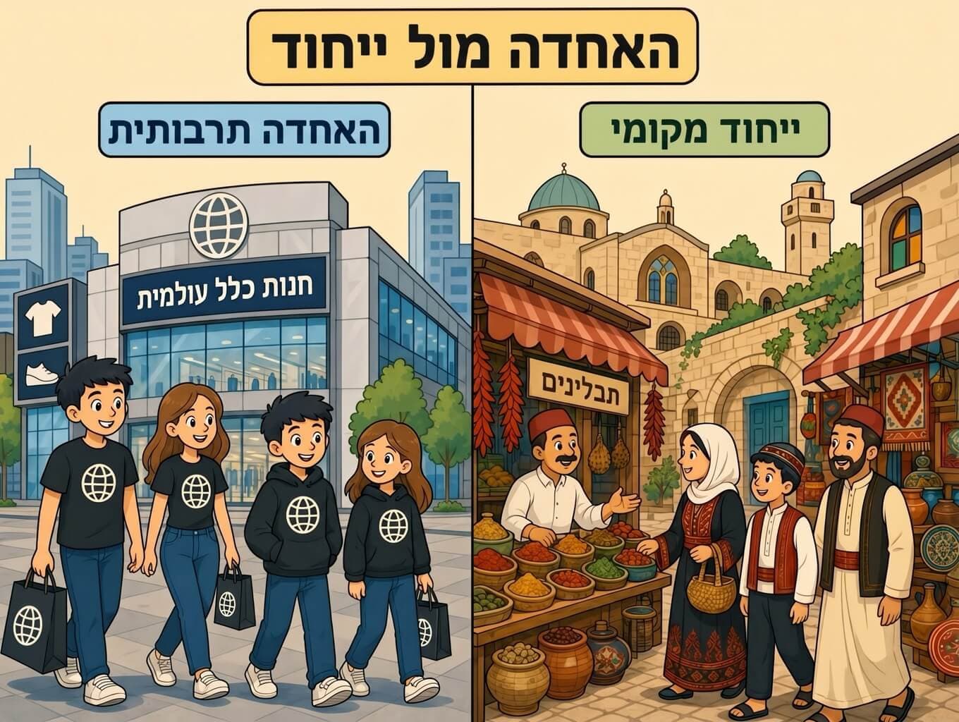 תמונה המציגה זה לצד זה האחדה תרבותית של רשת חנויות גלובלית לעומת ייחוד מקומי של שוק מסורתי ומבנה מורשת