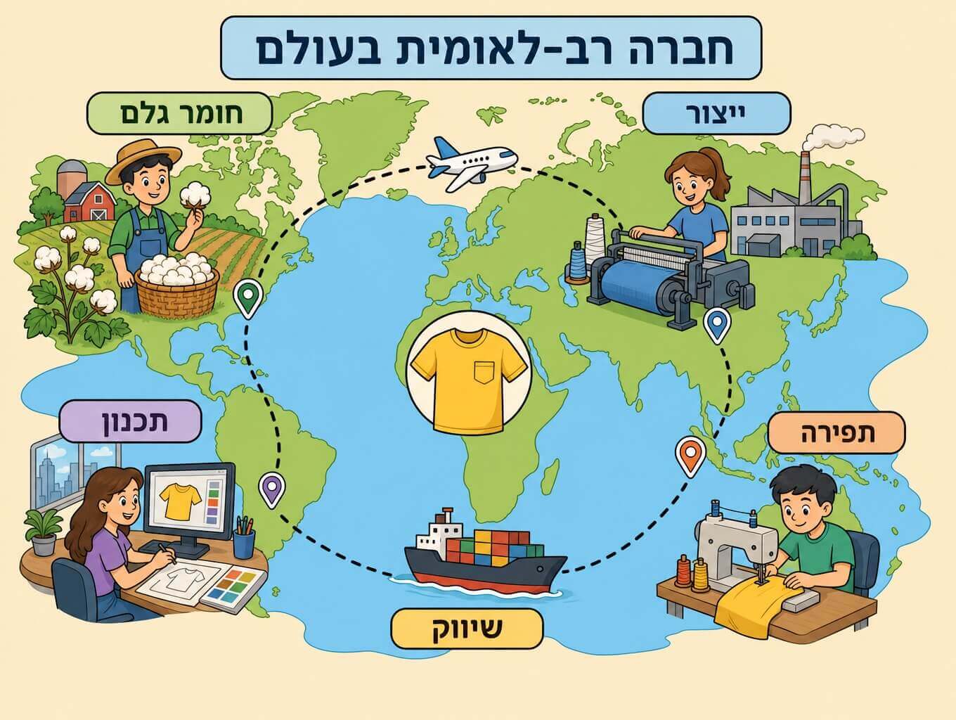 תמונה הממחישה חברה רב-לאומית שמייצרת מוצר אחד בכמה מדינות מתכנון דרך חומר גלם ייצור ושיווק
