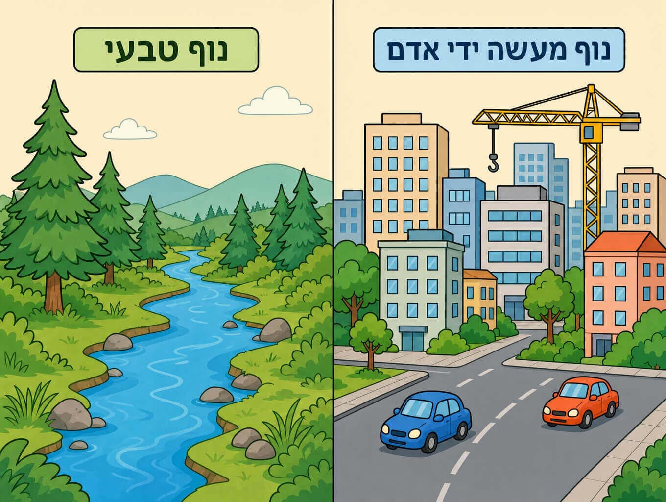 תמונה המציגה את ההבדל בין נוף טבעי של יער והרים לבין נוף מעשה ידי אדם של עיר וכבישים