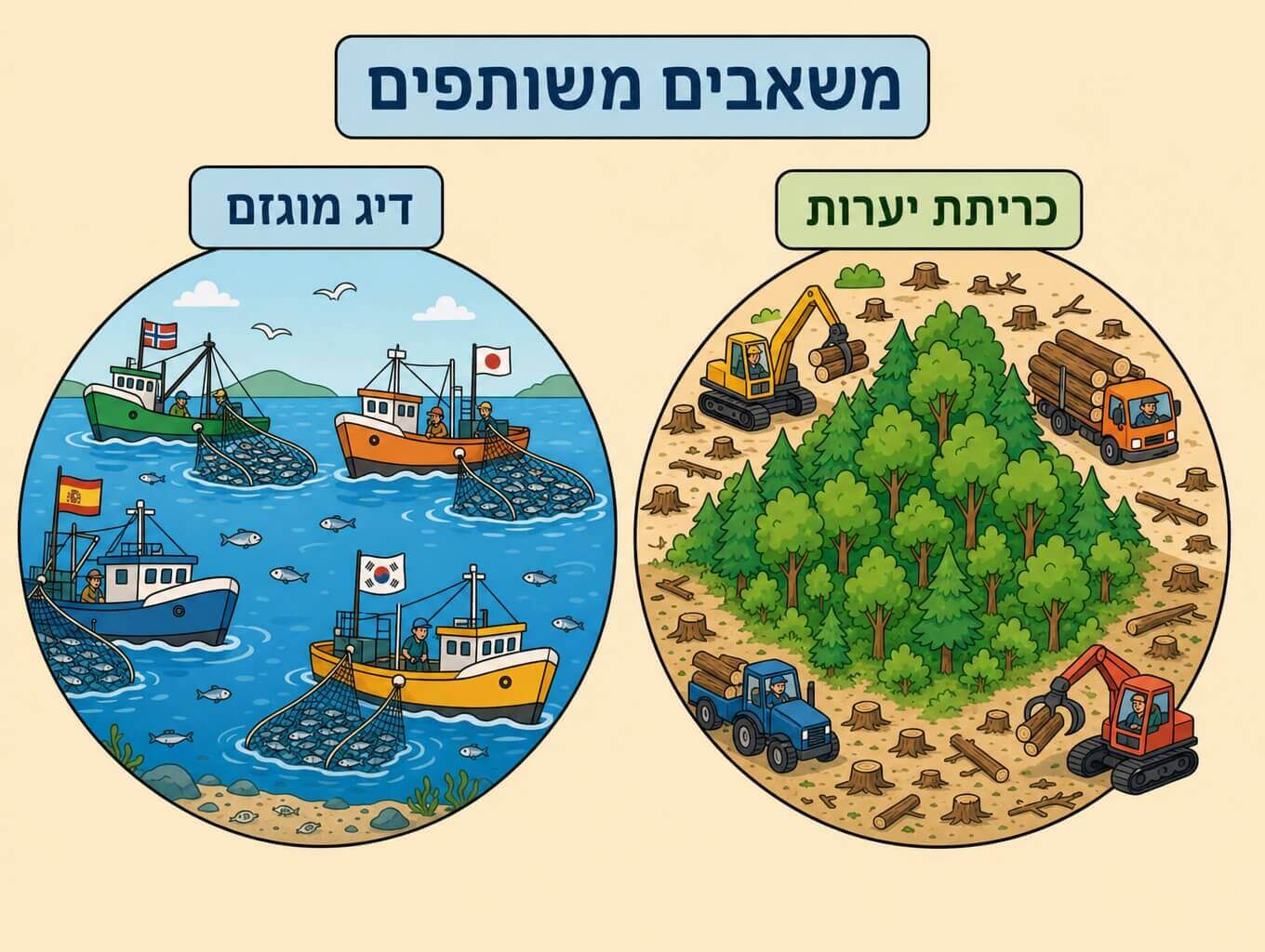 תמונה הממחישה משאבים משותפים דרך ים שבו סירות דיג ממדינות שונות דגות מוגזם ויער שנכרת מכמה כיוונים