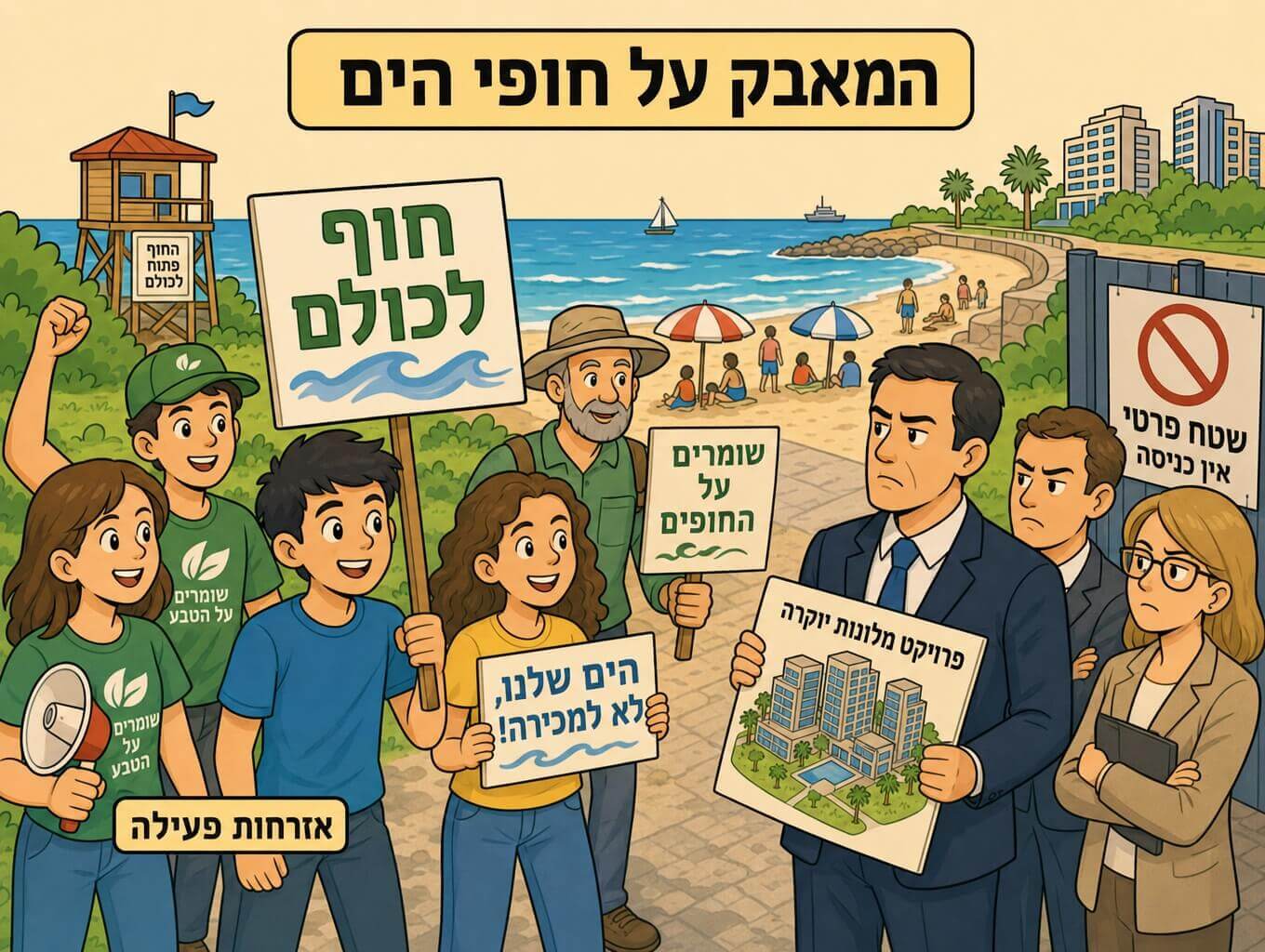 תמונה הממחישה את המאבק על חופי הים בישראל שבו תושבים וארגונים ירוקים נאבקים לשמור על החוף פתוח לכלל הציבור