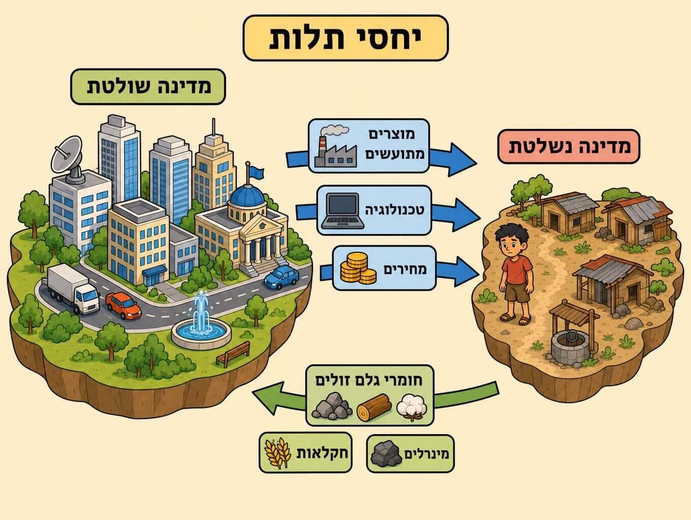 תמונה הממחישה יחסי תלות בין מדינה שולטת עשירה שמוכרת מוצרים יקרים למדינה נשלטת ענייה שמספקת חומרי גלם זולים