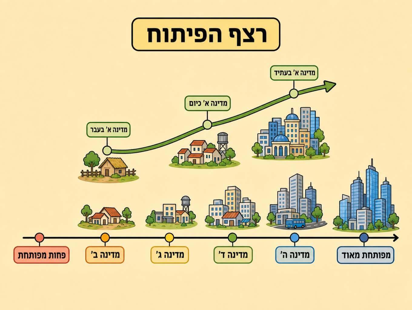 תמונה הממחישה רצף פיתוח מפחות מפותחת למפותחת מאוד עם מדינות לאורך הקו וחץ שמראה טיפוס ברצף עם הזמן