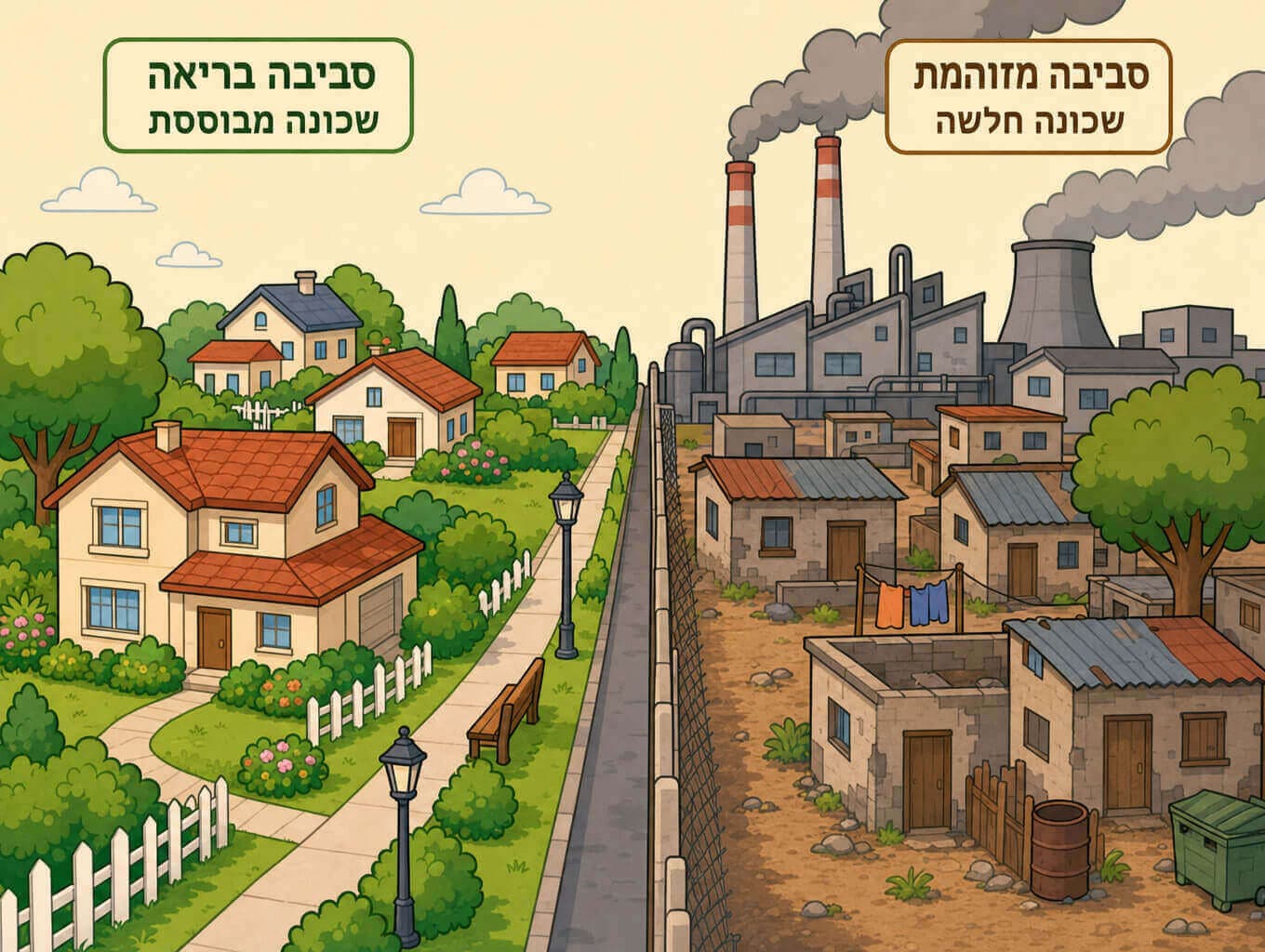 תמונה הממחישה אי צדק סביבתי דרך מפעל מזהם הממוקם ליד שכונה חלשה במקום ליד שכונה מבוססת