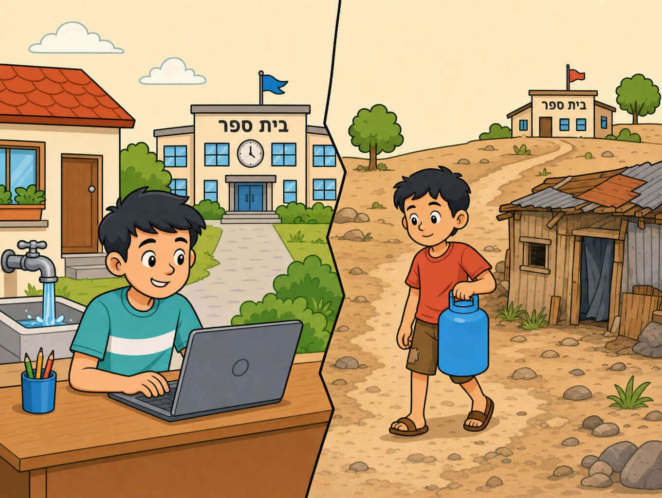 תמונה הממחישה אי שוויון מרחבי דרך השוואה בין ילד באזור מפותח עם בית ובית ספר לבין ילד באזור עני
