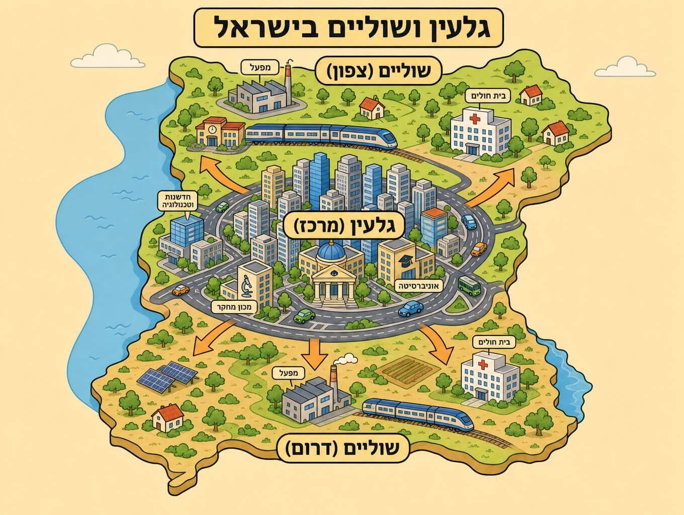 מפה סכמטית של ישראל המחלקת בין גלעין מרכזי מפותח לאזורי שוליים בצפון ובדרום שאליהם מופנית מדיניות פיתוח