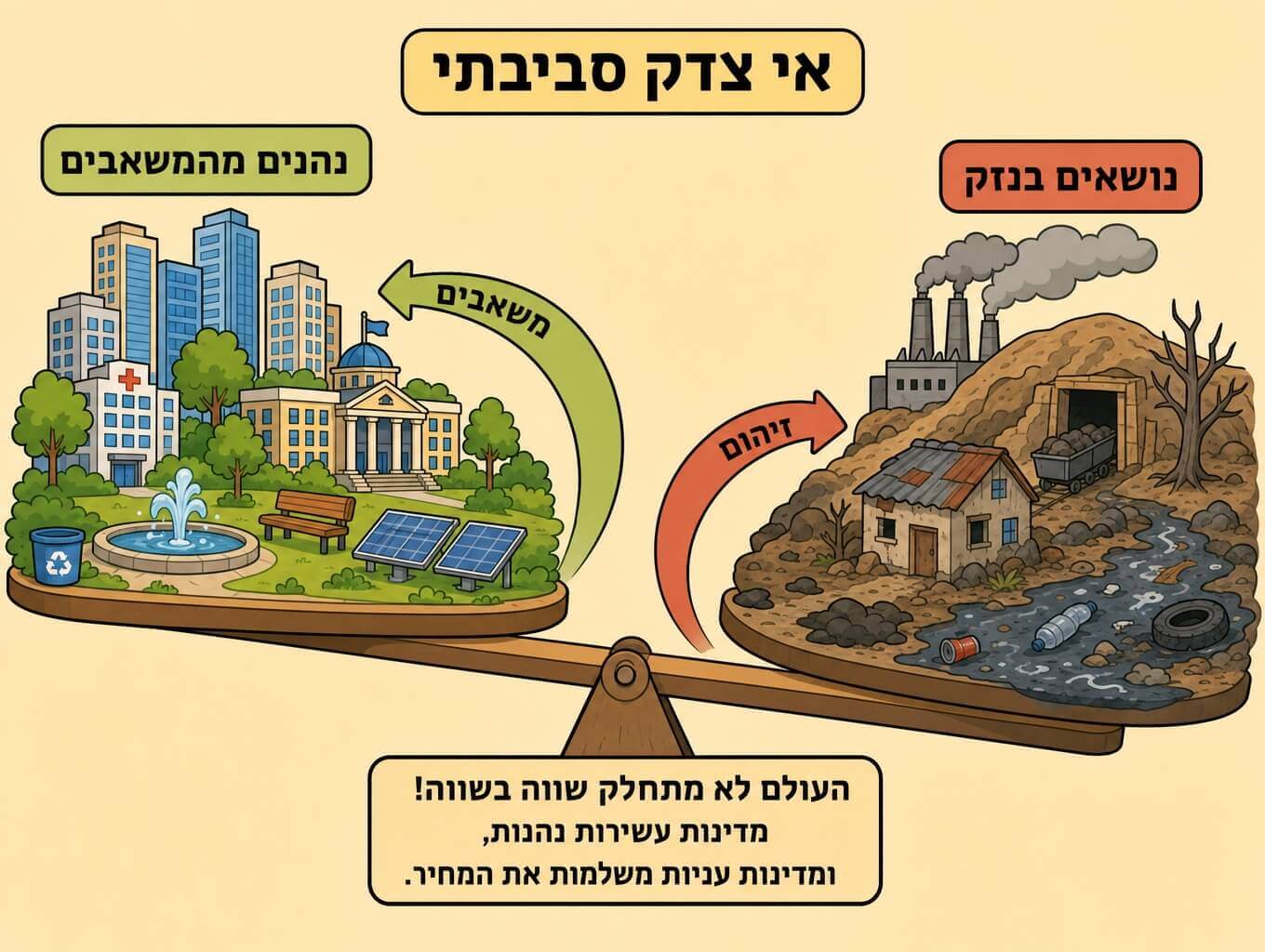 תמונה הממחישה אי צדק סביבתי שבו מדינה עשירה נהנית מהמשאבים ומדינה ענייה נושאת בנזק ובזיהום