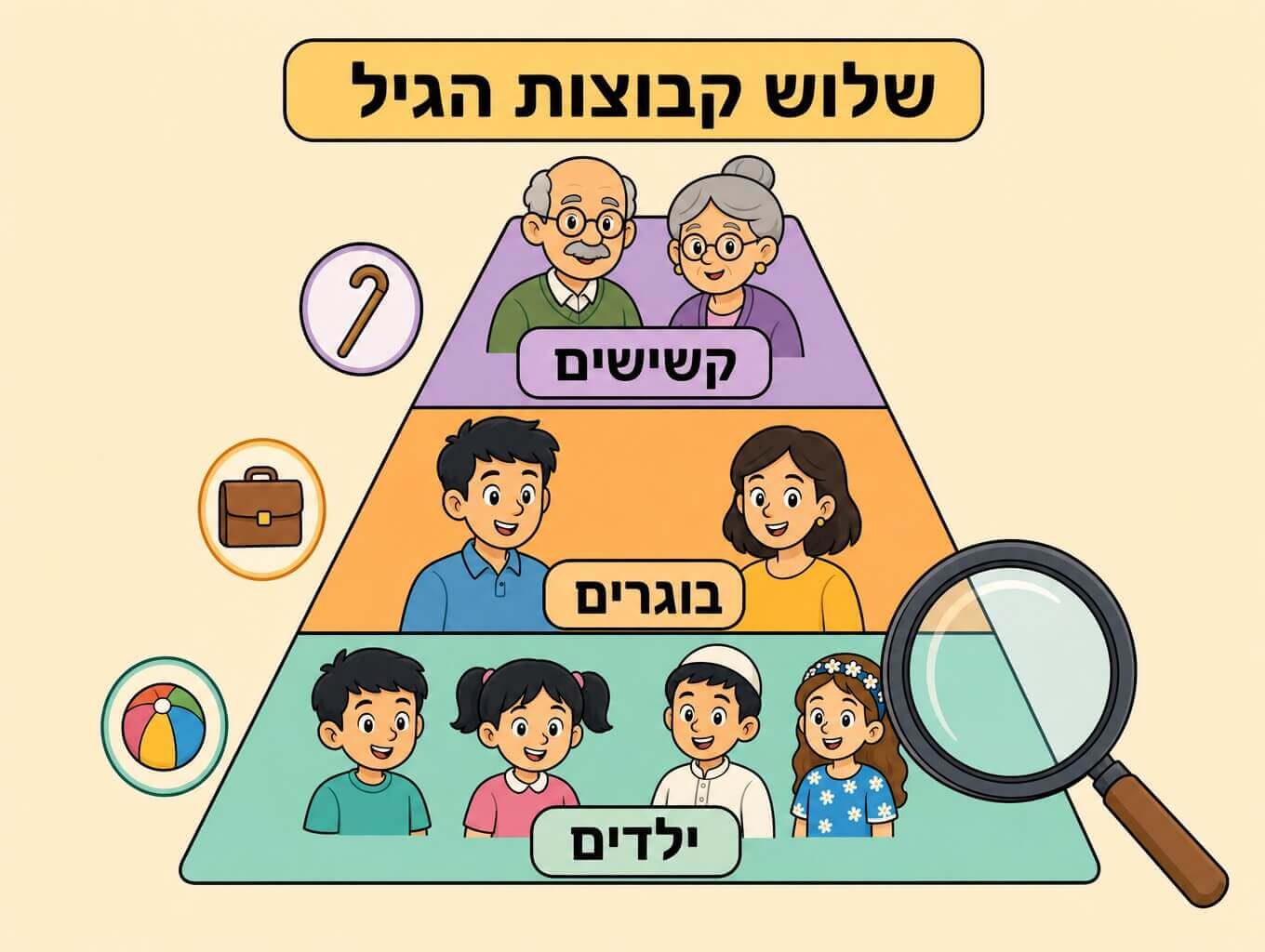 פירמידת גיל אחת המחולקת לשלוש קבוצות ילדים בבסיס הרחב בוגרים באמצע וקשישים בראש הצר