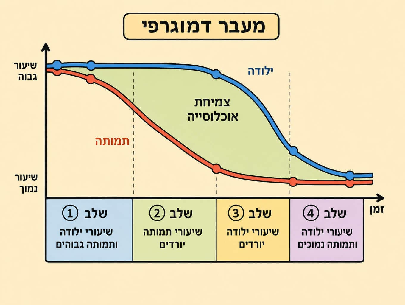 תמונה הממחישה את מודל המעבר הדמוגרפי דרך גרף בארבעה שלבים של ילודה תמותה וגידול אוכלוסייה