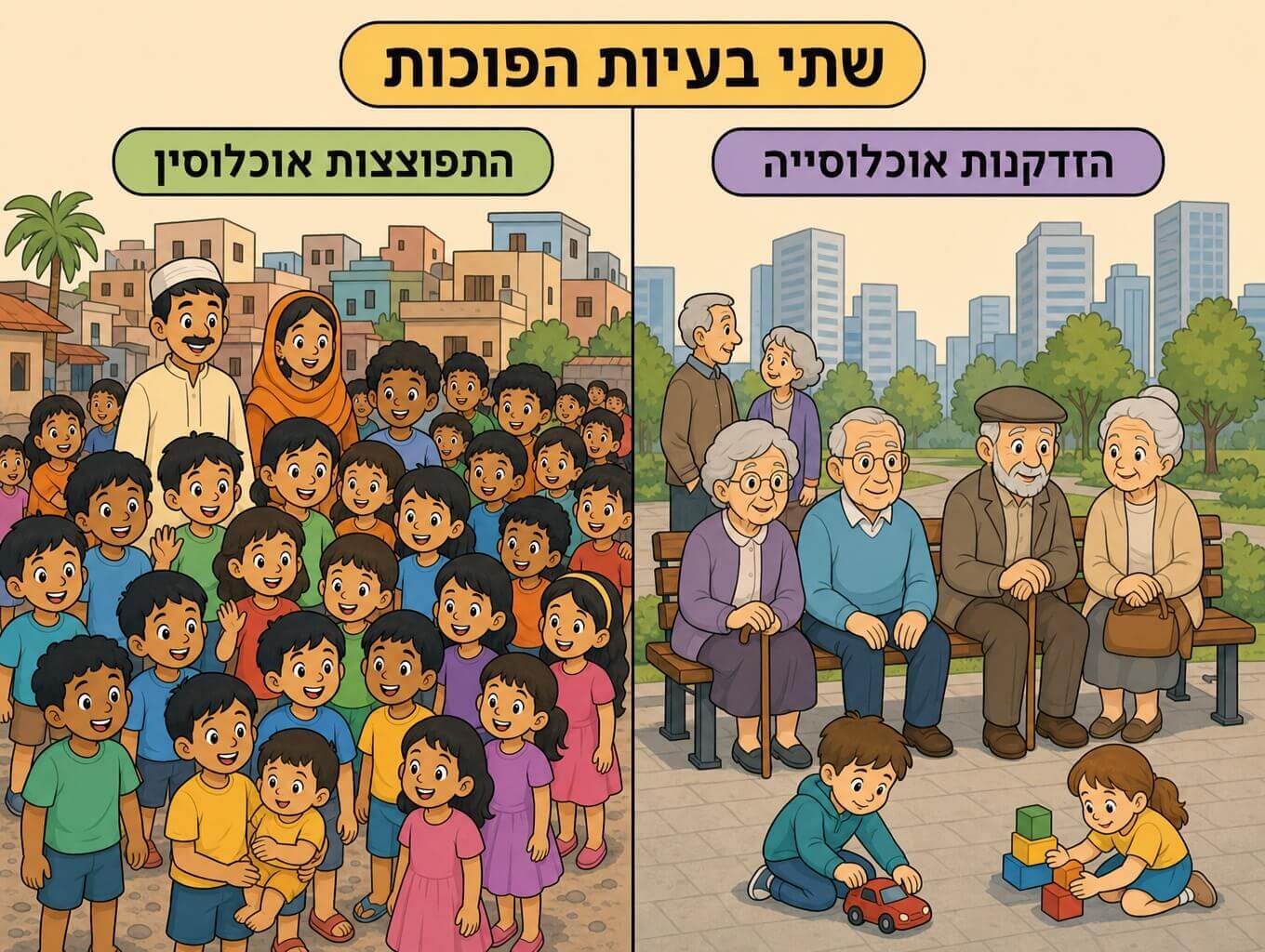 תמונה המשווה בין התפוצצות אוכלוסין במדינה צעירה עם הרבה ילדים לבין הזדקנות אוכלוסייה במדינה מפותחת עם הרבה קשישים