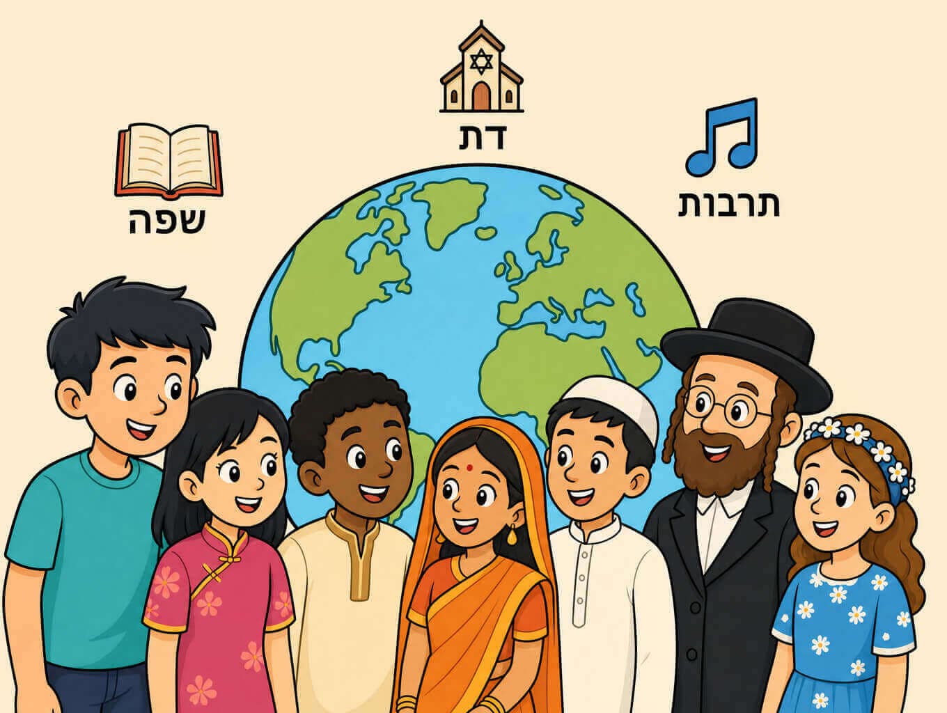 תמונה הממחישה את המגוון האנושי דרך קבוצת אנשים מתרבויות שונות בלבוש מגוון על רקע כדור הארץ
