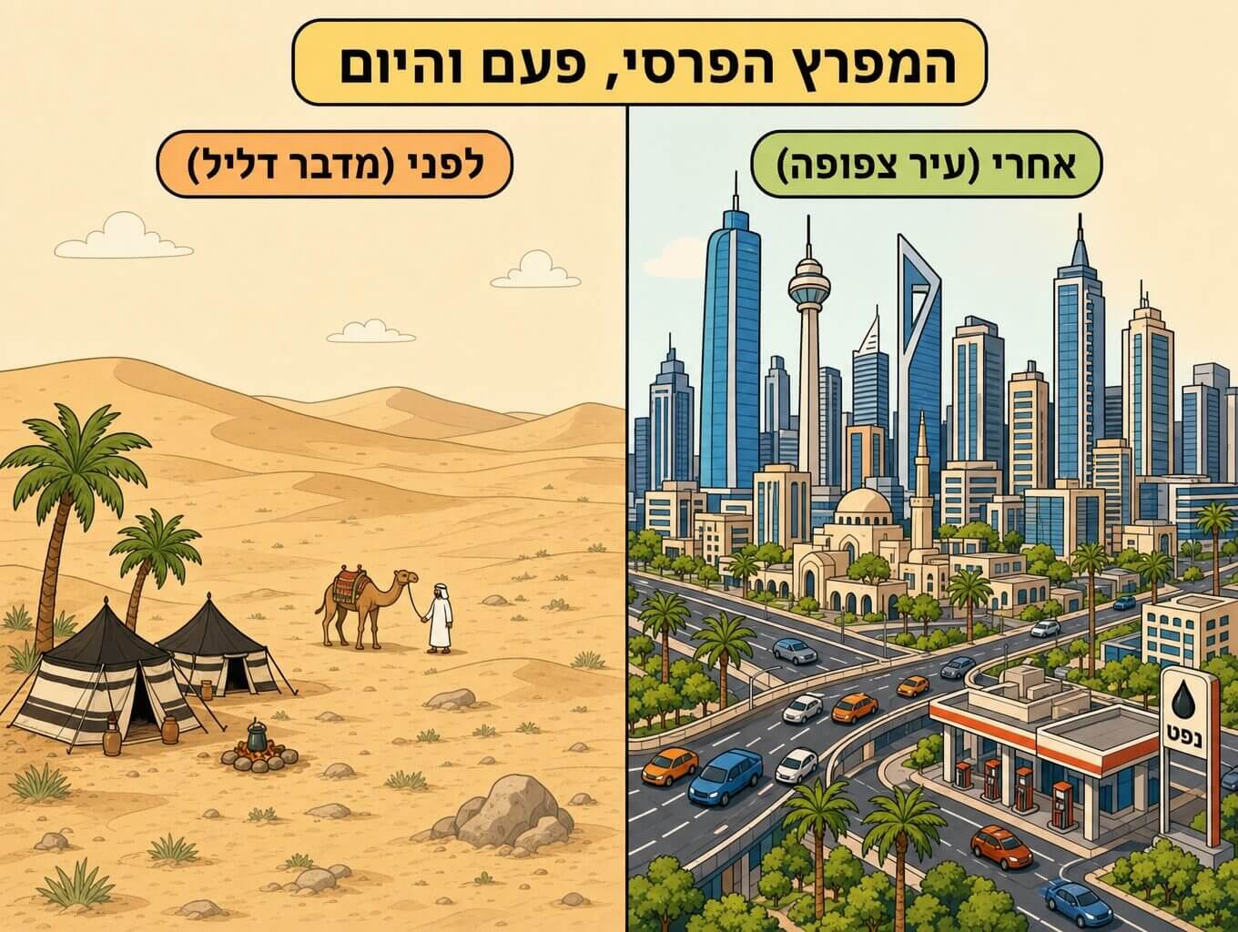 תמונה המשווה את אזור המפרץ הפרסי לפני כמדבר דליל ואחרי כעיר מודרנית צפופה בזכות גילוי הנפט