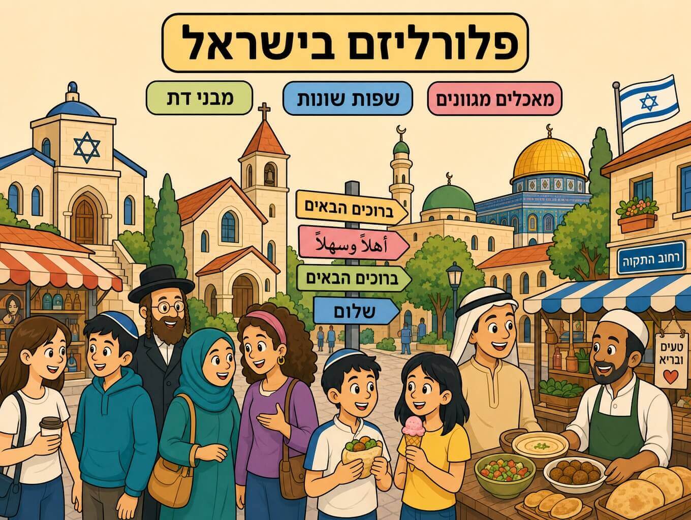 תמונה הממחישה פלורליזם בישראל דרך מבני דת שונים שפות מגוונות ומאכלים מסורתיים באותה עיר