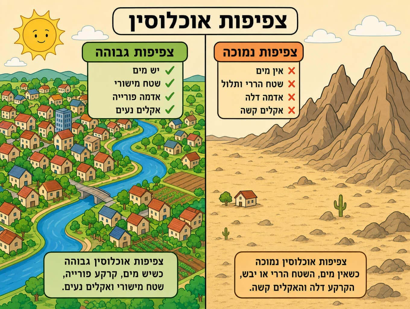 תמונה הממחישה גורמים לצפיפות אוכלוסייה דרך אזור צפוף ליד נהר ומישור לעומת אזור דליל במדבר ובהרים