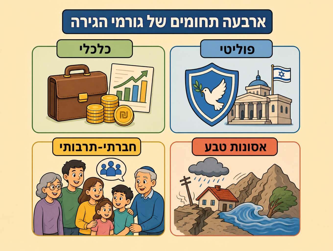 תמונה הממחישה ארבעה תחומים של גורמי הגירה כלכלי פוליטי חברתי-תרבותי ואסונות טבע