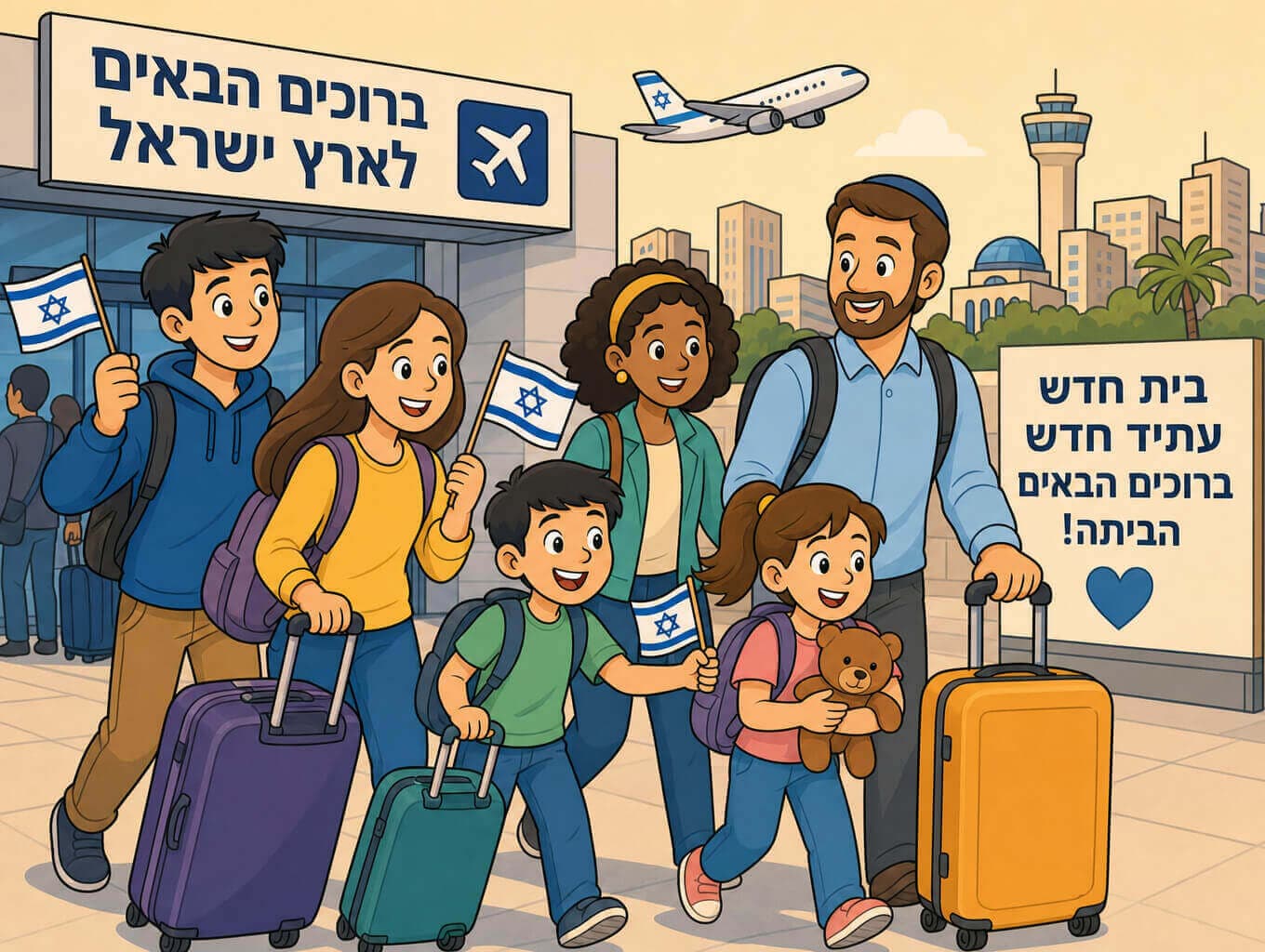תמונה הממחישה את ישראל כמדינת הגירה דרך עולים מרחבי העולם המגיעים לישראל עם דגלים וכבודה