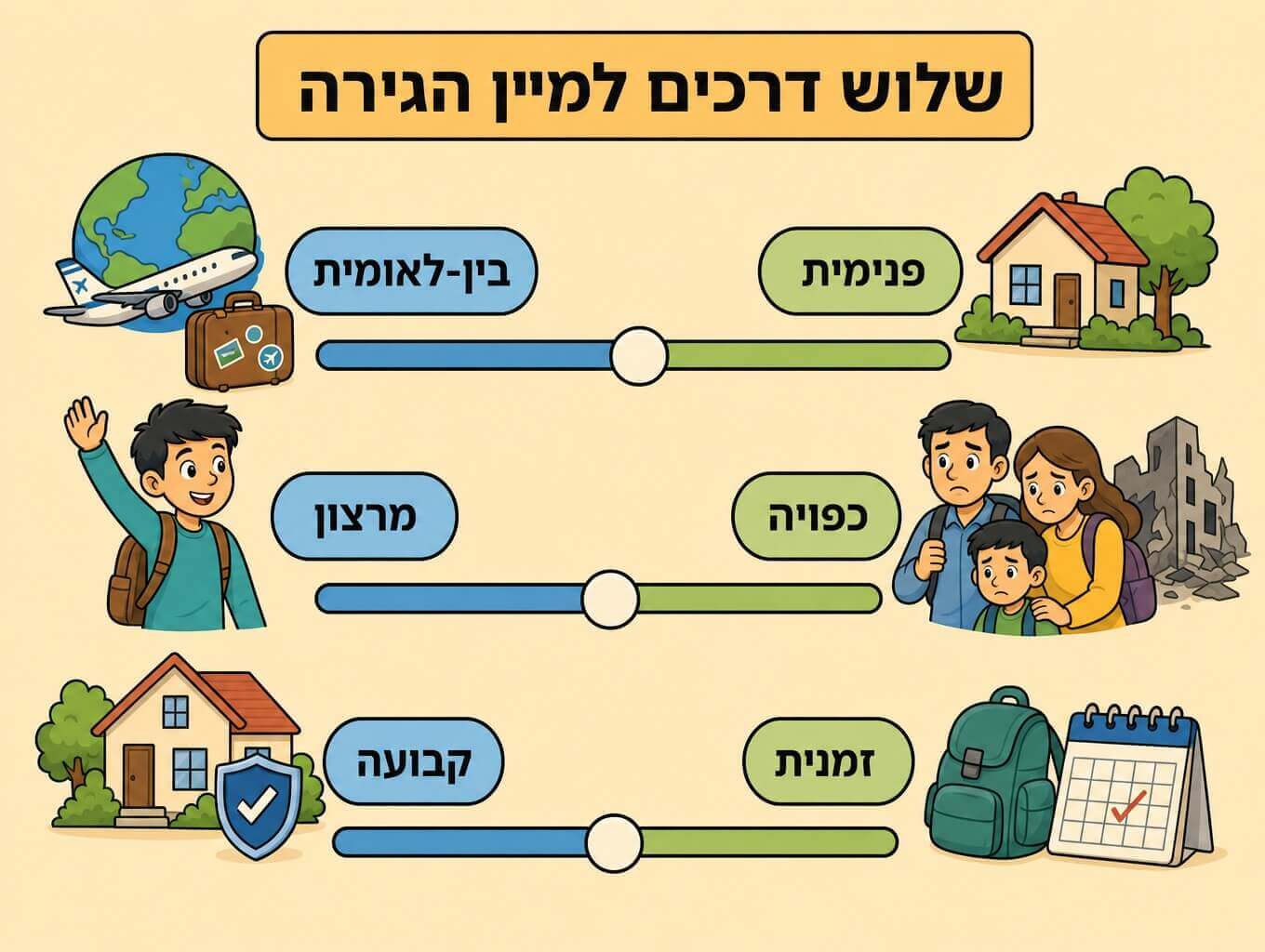 תמונה הממחישה שלוש דרכים למיין הגירה לפי כיוון מרצון או כפויה וקבועה או זמנית