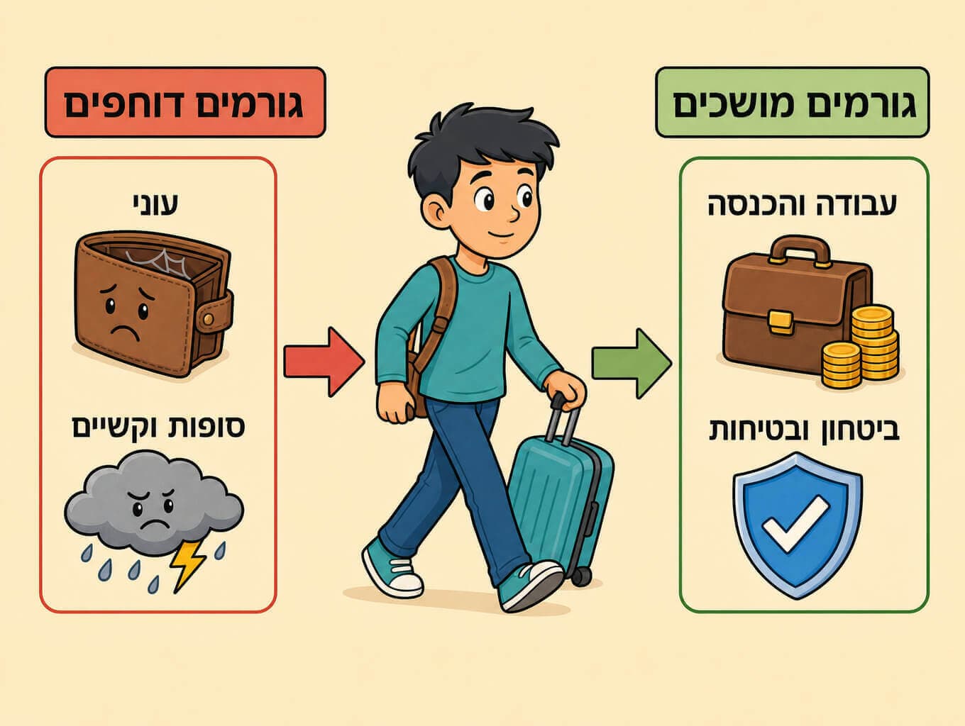תמונה הממחישה גורמים דוחפים ומושכים בהגירה דרך אדם שעוזב מקום עם עוני ומלחמה אל מקום עם עבודה וביטחון
