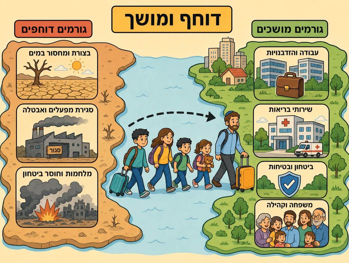 תמונה הממחישה גורמים דוחפים בארץ המוצא כמו בצורת ומלחמה מול גורמים מושכים בארץ היעד כמו עבודה וביטחון