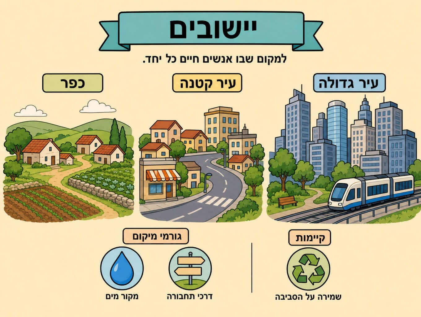 תמונה המסכמת את פרק היישובים דרך כפר קטן ועיר גדולה זה לצד זה עם פתרונות עירוניים ירוקים
