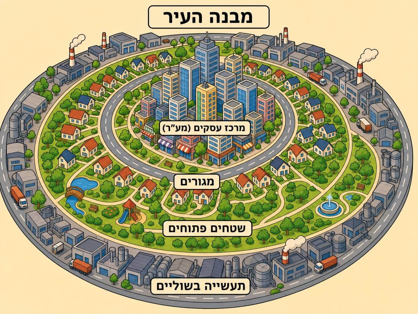 תמונה הממחישה מבנה עיר בטבעות מרכז עסקים במרכז סביבו מגורים תעשייה בשוליים ושטחים פתוחים