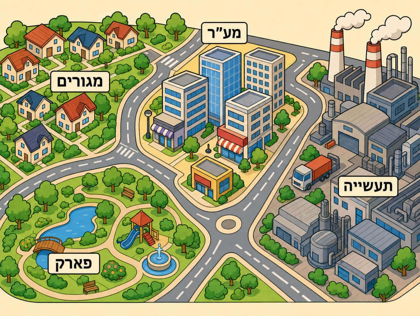 תמונה הממחישה שימושי קרקע בעיר מרכז עסקים שכונות מגורים אזור תעשייה בשוליים ופארק ירוק