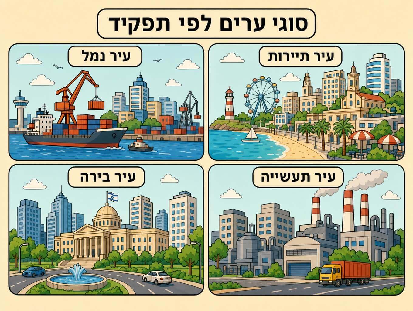 תמונה הממחישה ארבעה סוגי ערים לפי תפקיד עיר נמל עיר תיירות עיר בירה ועיר תעשייה