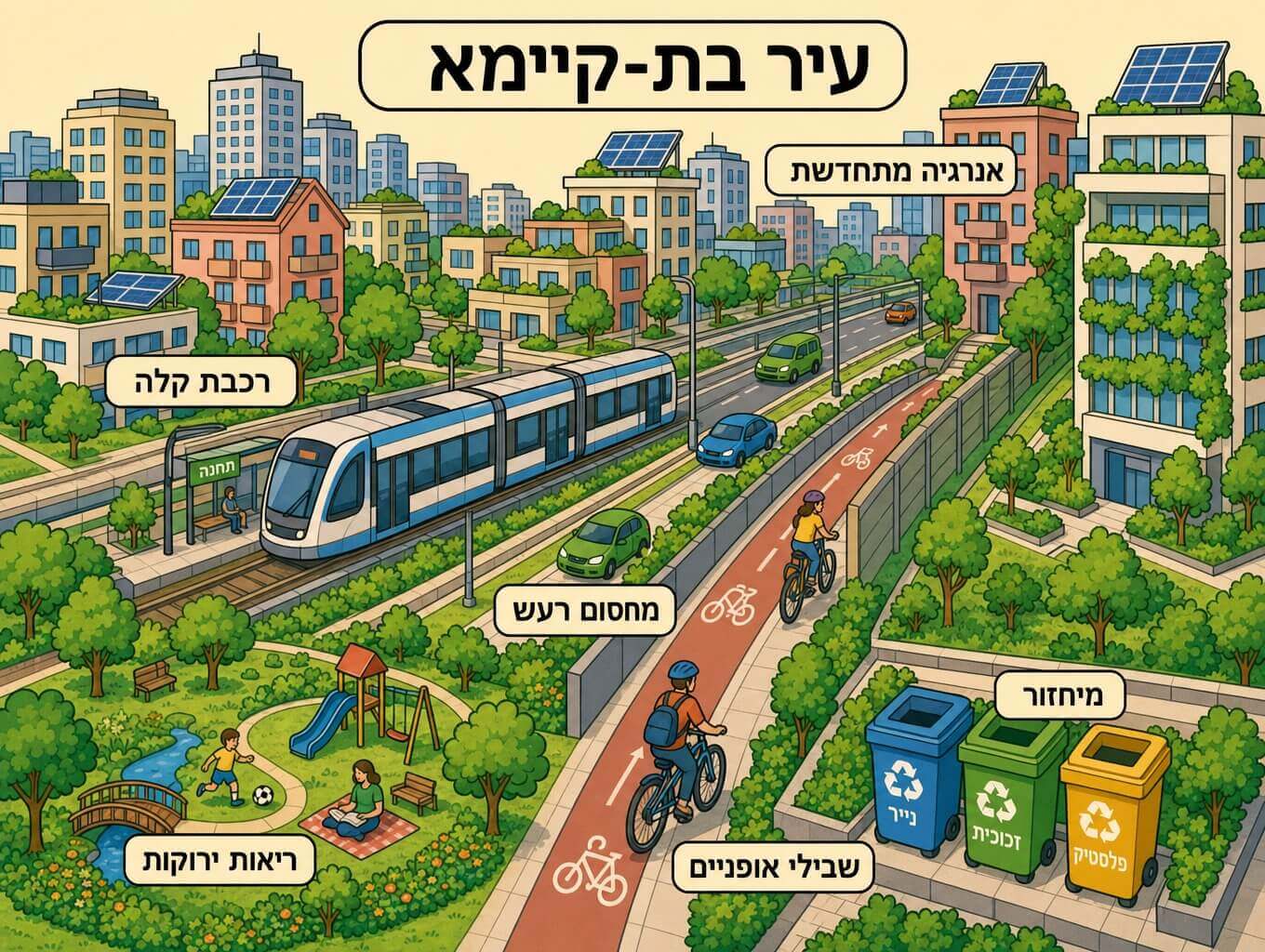 תמונה הממחישה עיר בת-קיימא עם רכבת קלה שבילי אופניים פאנלים סולאריים פארק ירוק ומחסום אקוסטי