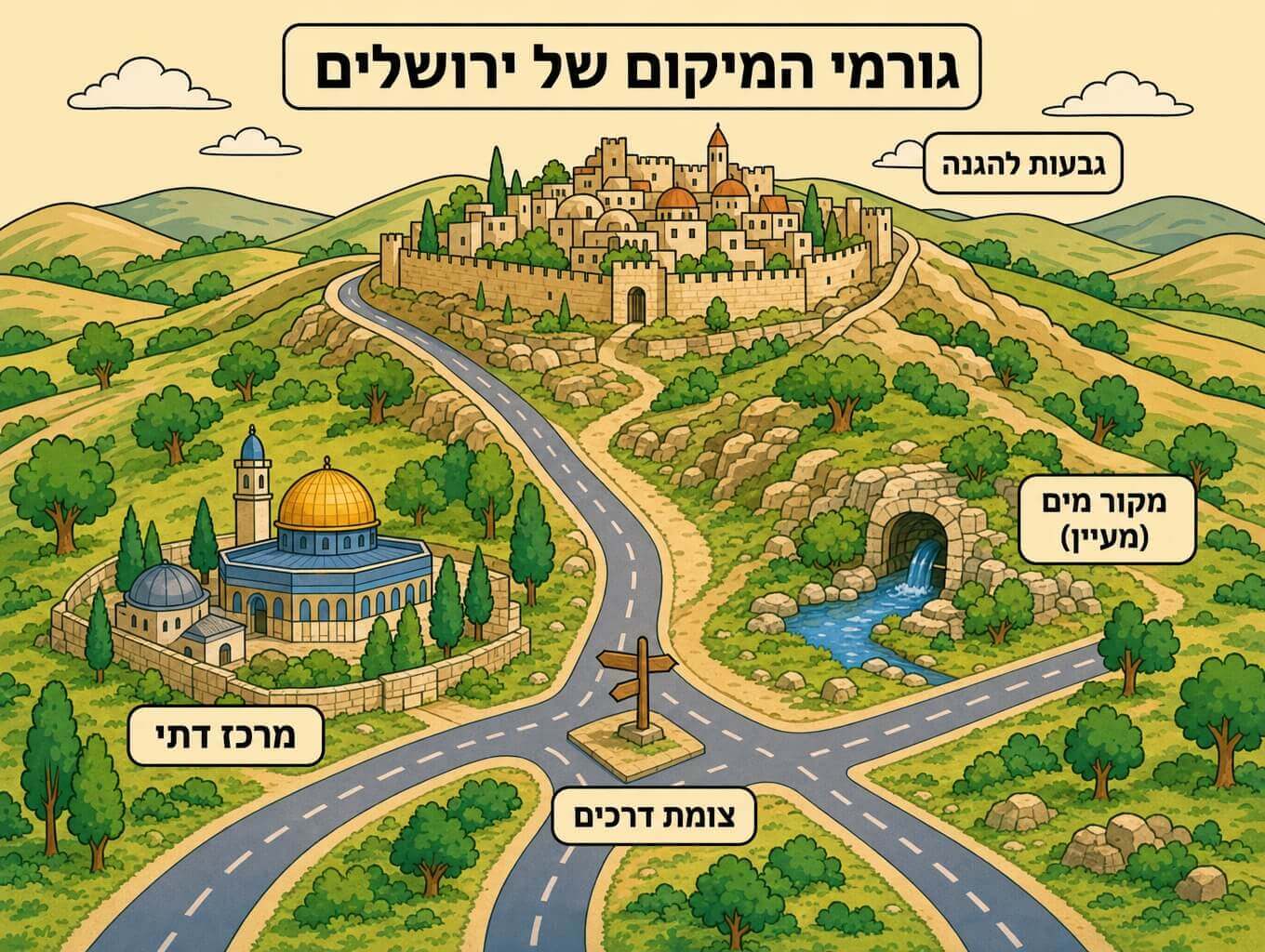 תמונה סכמטית הממחישה את גורמי המיקום של ירושלים מעיין מים גבעות להגנה מרכז דתי וצומת דרכים