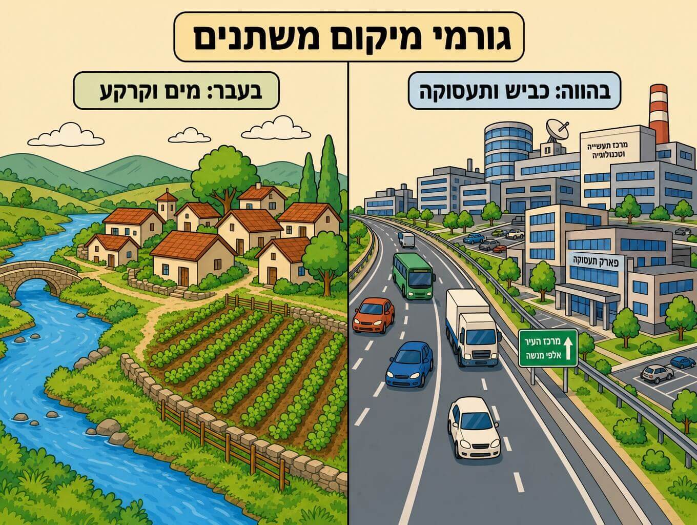 תמונה המשווה גורמי מיקום בעבר כמו קרבה לנהר ולקרקע פורייה מול גורמי מיקום בהווה כמו קרבה לכביש ולתעסוקה