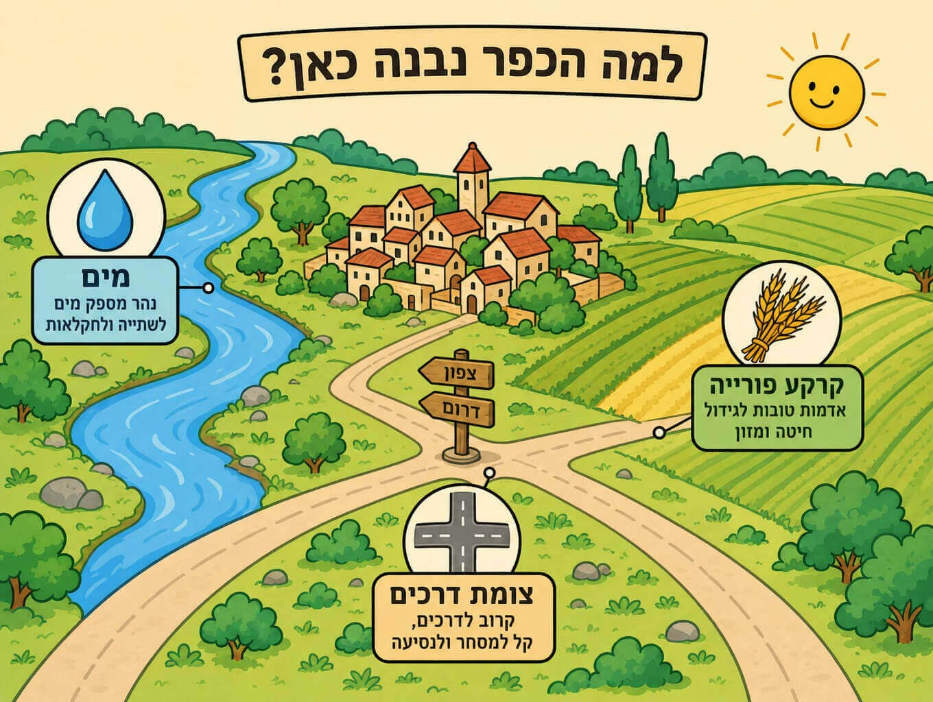 תמונה הממחישה גורמי מיקום של יישוב דרך כפר שקם ליד נהר וצומת דרכים על קרקע פורייה