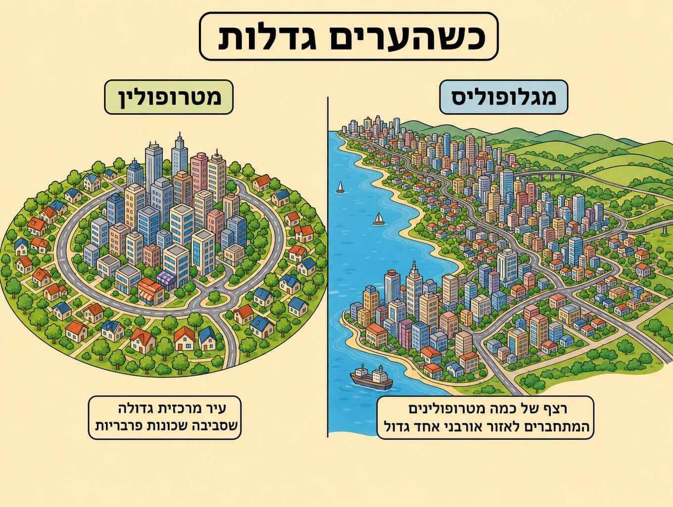 תמונה המשווה בין מטרופולין עיר מרכזית עם הפרברים שסביבה לבין מגלופוליס רצף של כמה מטרופולינים מחוברים